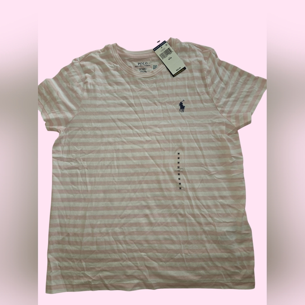NWT Polo Ralph Lauren Pink & White Striped Crew Tee Size M 100% Cotton